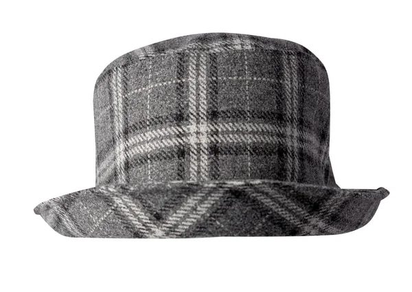 白い背景に隔離された檻の中の灰色の黒い白いドロップウールのバケツ帽子 漁師の帽子 アイルランドの国の帽子 セッションの帽子 パナマ — ストック写真