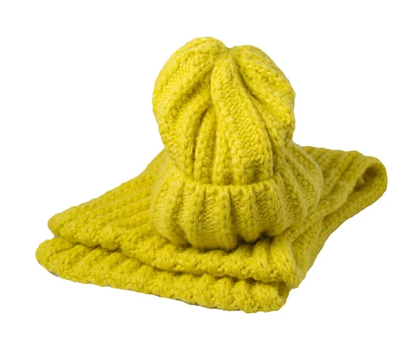 Sombreros Bufanda Punto Amarillo Aislados Sobre Fondo Blanco Accesorios Invierno —  Fotos de Stock