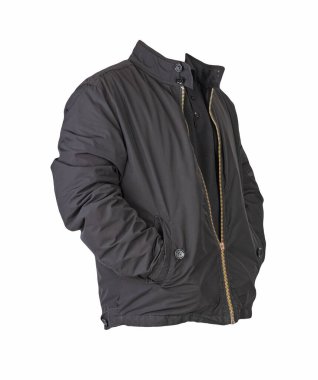 Siyah kapüşonlu siyah ceket ve siyah kazak beyaz arka planda izole edilmiş.