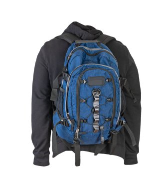 Siyah kapüşonlu ve mavi sırt çantası beyaz arka planda yalıtılmış.