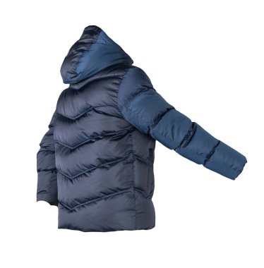Beyaz arka planda koyu mavi kapüşonlu erkek ceketi. Her gün için şık kıyafetler.