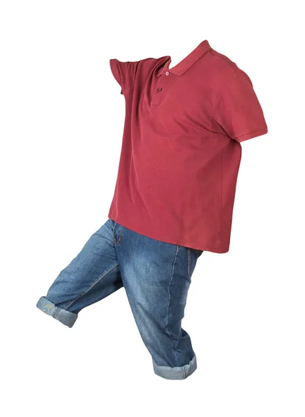 Denim Donkerblauwe Short Donkerrood Shirt Met Een Kraag Knopen Geïsoleerd — Stockfoto