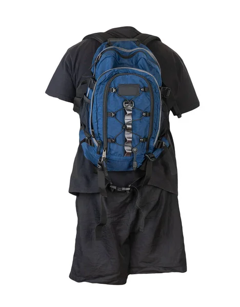 Jeansblauer Rucksack Schwarze Sporthose Weinrotes Shirt Kleidung Für Jeden Tag — Stockfoto