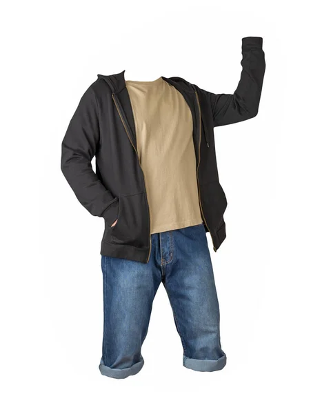 Jeans Dunkelblaue Shorts Beiges Shirt Und Schwarzes Sweatshirt Mit Reißverschluss — Stockfoto