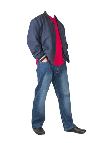 Jeans Azul Oscuro Camiseta Roja Con Cuello Botones Chaqueta Bombardero —  Fotos de Stock