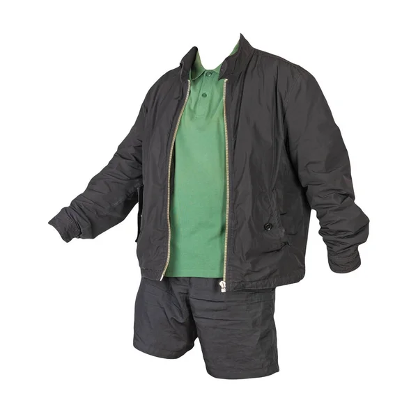 Мужская Черная Куртка Темно Зеленая Рубашка Черные Спортивные Шорты Изолированы — стоковое фото