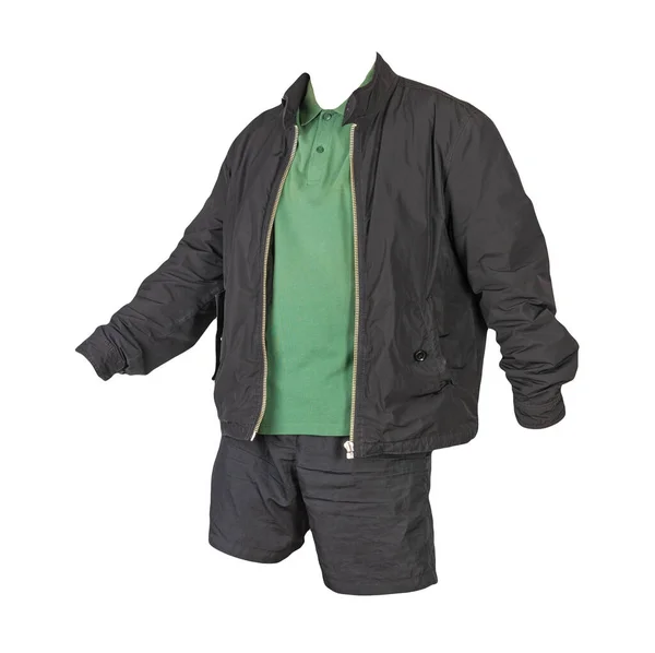 Chaqueta Negra Los Hombres Camisa Verde Oscuro Pantalones Cortos Deportivos — Foto de Stock