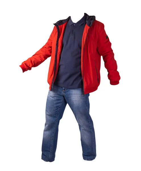 Jaqueta Vermelha Camisa Azul Escuro Jeans Azul Isolado Fundo Branco — Fotografia de Stock