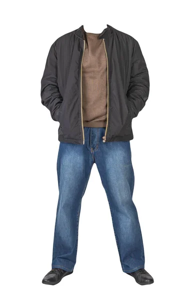 Mörkblå Jeans Brun Tröja Svart Jacka Och Svart Läder Skor — Stockfoto