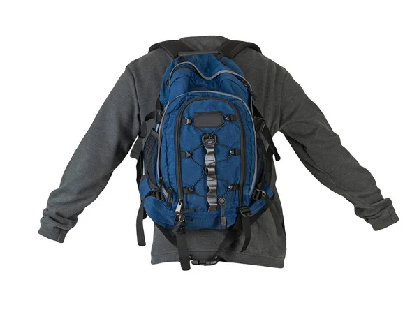 Graues Sweatshirt Und Blauer Rucksack Auf Weißem Hintergrund — Stockfoto