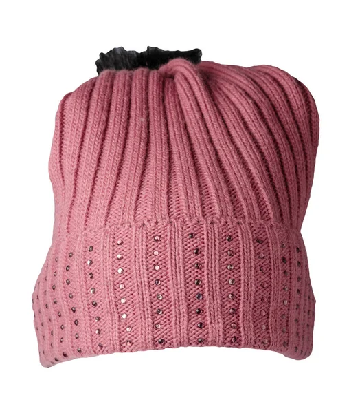 Chapeau Rose Tricoté Isolé Sur Fond Blanc Chapeau Avec Pompon — Photo