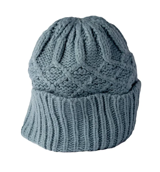 Cappello Grigio Lavorato Maglia Isolato Sfondo Bianco Caldo Accessorio Invernale — Foto Stock