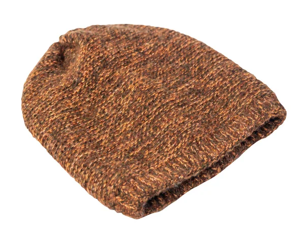 褐色的帽子是用白色的背景织成的 暖冬饰物 — 图库照片