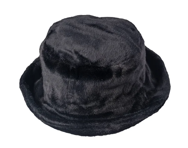 Black Bucket Hat Artificial Fur Isolated White Background Fisherman Hat — Stock Photo, Image