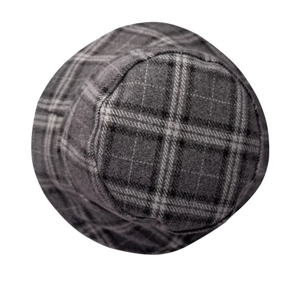 灰色的黑白色窗帘毛桶帽 与白色背景隔离 渔夫的帽子 爱尔兰乡村帽 会话帽 巴拿马 — 图库照片