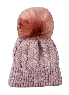   Beyaz arka planda izole edilmiş pembe şapka. Pomponlu şapka. .