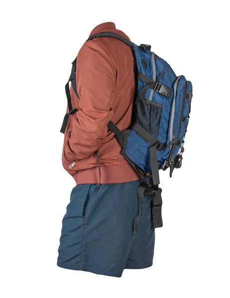 Blue Backpack Dark Blue Shorts Red Summer Jacket Isolated White — Stock Photo, Image