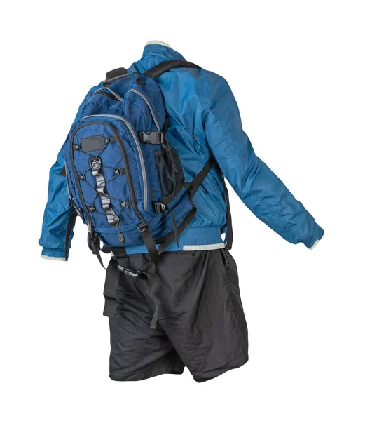 Blauer Rucksack Schwarze Shorts Blaue Sommer Windjacke Isoliert Auf Weißem — Stockfoto