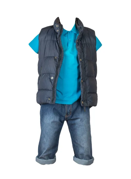 Pantaloncini Blu Scuro Denim Shirt Blu Con Colletto Bottoni Giacca — Foto Stock