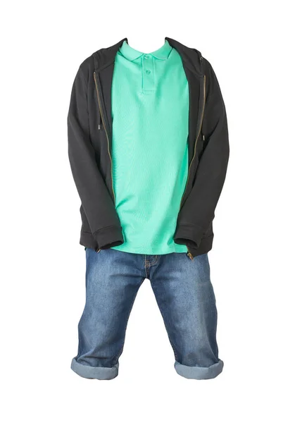 Jeans Dunkelblaue Shorts Grünes Shirt Mit Kragen Auf Knöpfen Und — Stockfoto