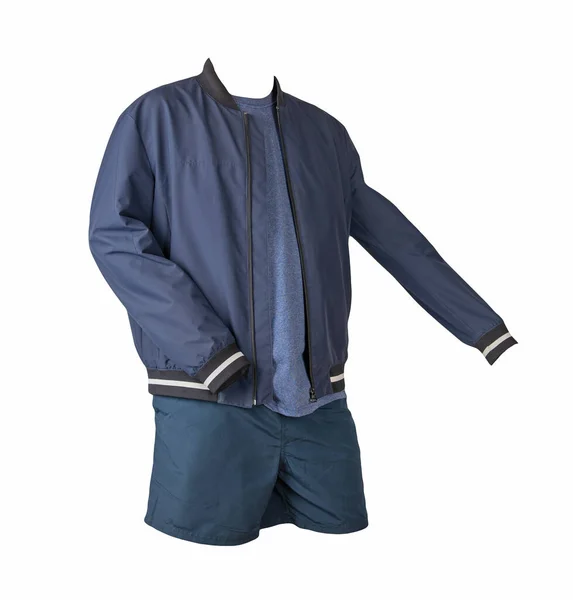 mens dark blue bomber jacket,blue t-shirt and sports dark blue shorts isolated on white background. fashionable casual wear