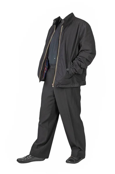 男性黑色夹克 黑色衬衫 黑色裤子和黑色皮鞋隔离的白色背景 男子秋装 — 图库照片