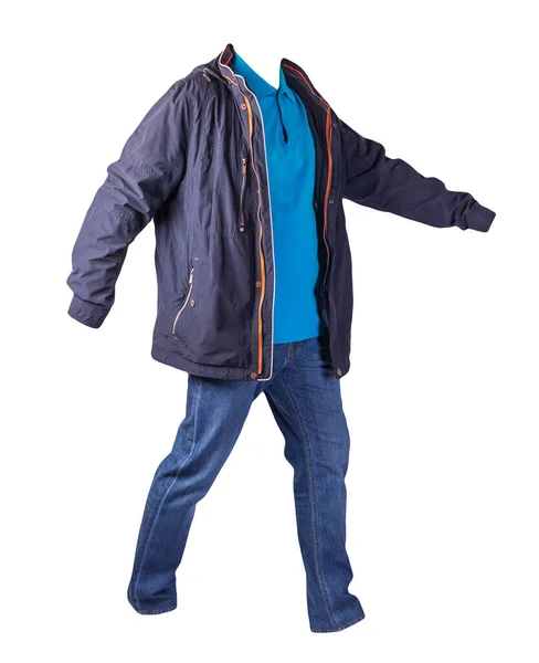 Dunkelblaue Jacke Blaues Hemd Und Blaue Jeans Auf Weißem Hintergrund — Stockfoto
