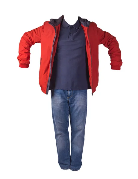 Röd Jacka Med Dragkedja Mörkblå Skjorta Och Blå Jeans Isolerad — Stockfoto