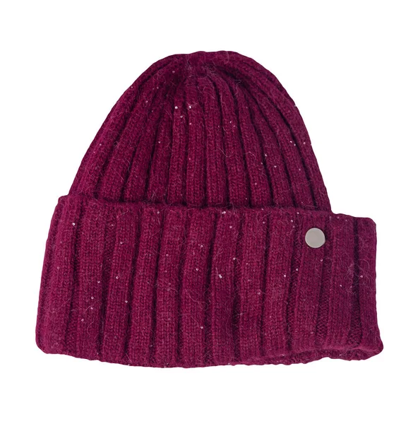 Cappello Donna Maglia Bordeaux Isolato Sfondo Bianco Caldo Accessorio Invernale — Foto Stock