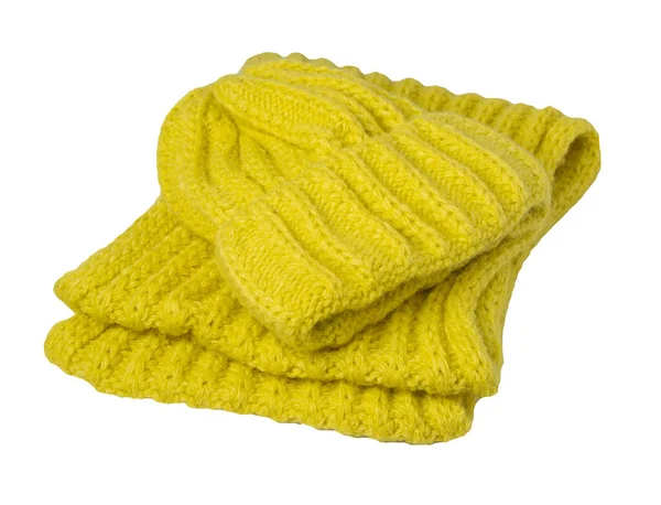 Yellow Knitted Hats Scarf Isolated White Background Winter Accessories — Stock Photo, Image