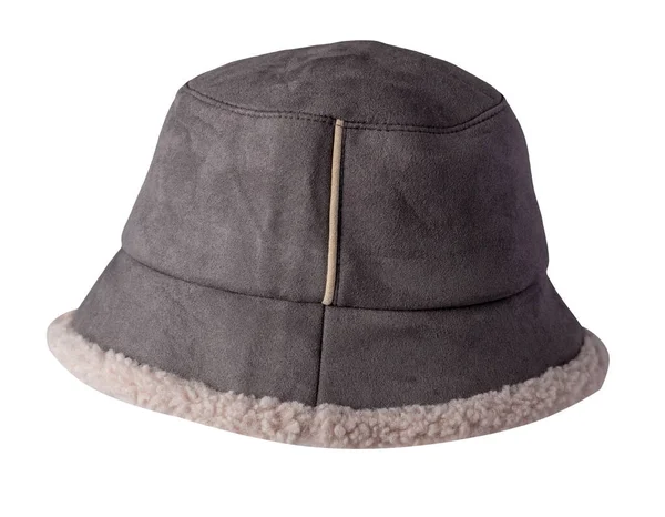 白い背景に隔離された人工毛皮から人工皮革の灰色のバケツ帽子漁師の帽子アイルランドの国の帽子セッション帽子パナマ — ストック写真