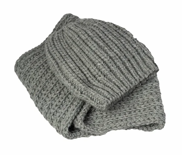 Chapeaux Tricotés Gris Écharpe Isolés Sur Fond Blanc Accessoires Hiver — Photo