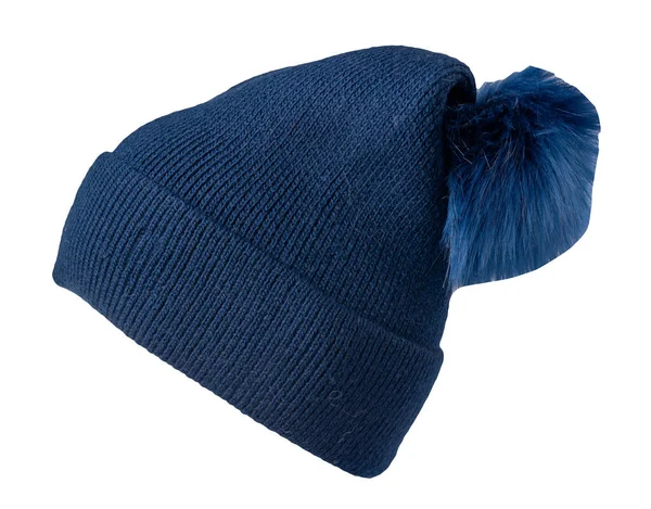 Cappello Donna Blu Scuro Lavorato Maglia Con Pompon Isolato Sfondo — Foto Stock