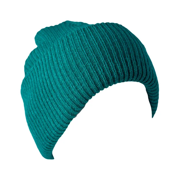 Beyaz Arka Planda Yeşil Şapka Örülmüş Sıcak Kış Aksesuarı — Stok fotoğraf