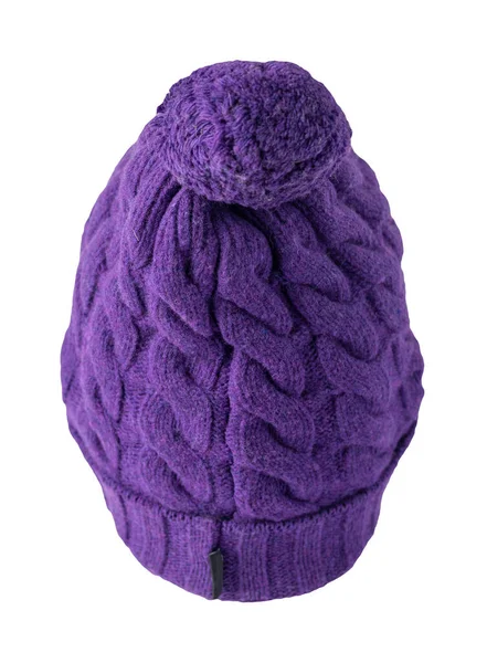 Женская Фиолетовая Шляпа Вязанная Помпоном Выделенная Белом Фоне Аксессуары Теплой — стоковое фото