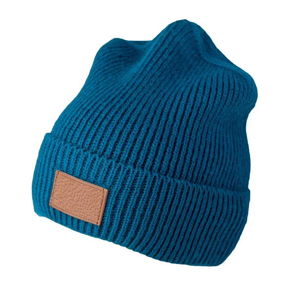 帽子の青いニットは白い背景に隔離されています 暖かい冬のアクセサリー — ストック写真