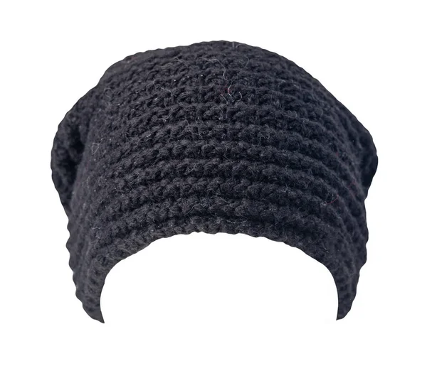 Bonnet Noir Tricoté Isolé Sur Fond Blanc Accessoire Hiver Chaud — Photo