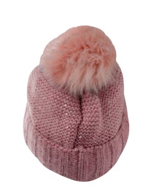   Beyaz arka planda izole edilmiş pembe şapka. Pomponlu şapka. .