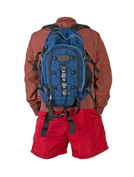 blue backpack,red shorts,red summer bomber jacket isolated on white background. casual wear