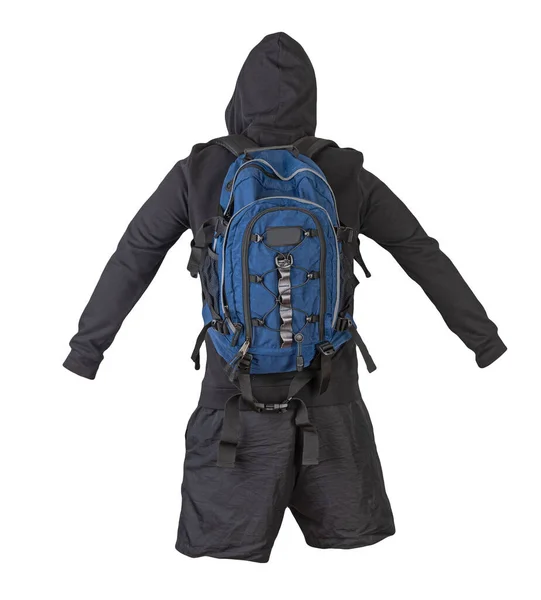 Jeansblauer Rucksack Schwarzes Sweatshirt Mit Kapuze Schwarze Shorts Auf Weißem — Stockfoto