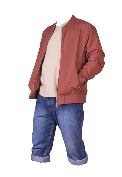 Pantaloncini Blu Denim Shirt Beige Bomber Rosso Una Cerniera Isolata — Foto Stock