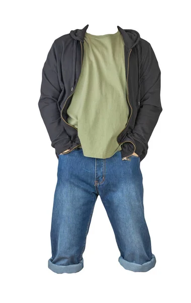 Jeans Dunkelblaue Shorts Olivfarbenes Shirt Und Schwarzes Sweatshirt Mit Reißverschluss — Stockfoto