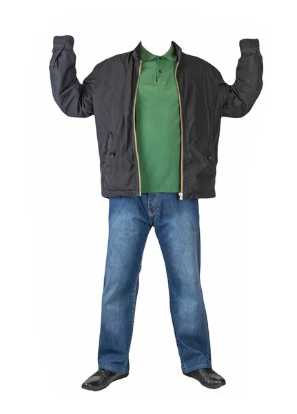 Dunkelblaue Jeans Dunkelgrünes Shirt Mit Kragen Den Knöpfen Schwarze Jacke — Stockfoto