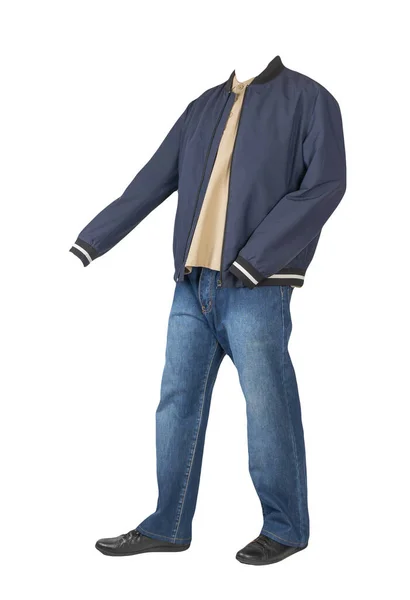 Jeans Blu Scuro Shirt Beige Con Colletto Sui Bottoni Bomber — Foto Stock