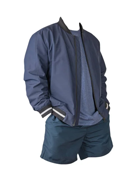 Giacca Bomber Uomo Blu Scuro Shirt Blu Pantaloncini Sportivi Blu — Foto Stock