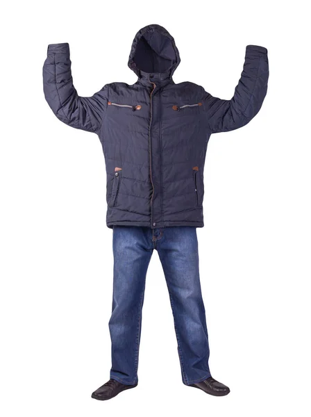 Dunkelblaue Jeans Schwarze Lederschuhe Dunkelblaue Orangefarbene Jacke Mit Kapuze Auf — Stockfoto