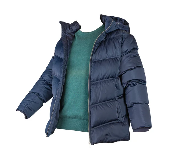 Chaqueta Plumón Azul Oscuro Con Capucha Suéter Verde Aislado Sobre — Foto de Stock