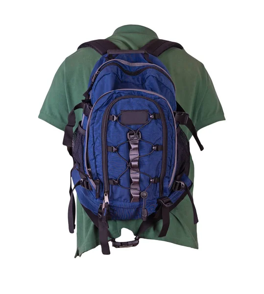 Blauer Rucksack Bekleidet Mit Dunkelblauem Shirt Auf Weißem Hintergrund Rucksack — Stockfoto