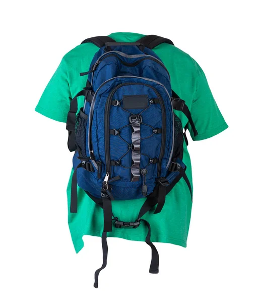 Dunkelblauer Rucksack Mit Grünem Shirt Auf Weißem Hintergrund — Stockfoto