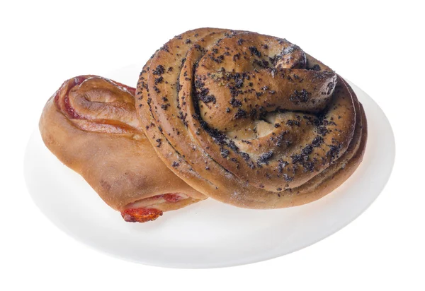 Two buns on white plate  isolated on a white background — Stock Photo, Image